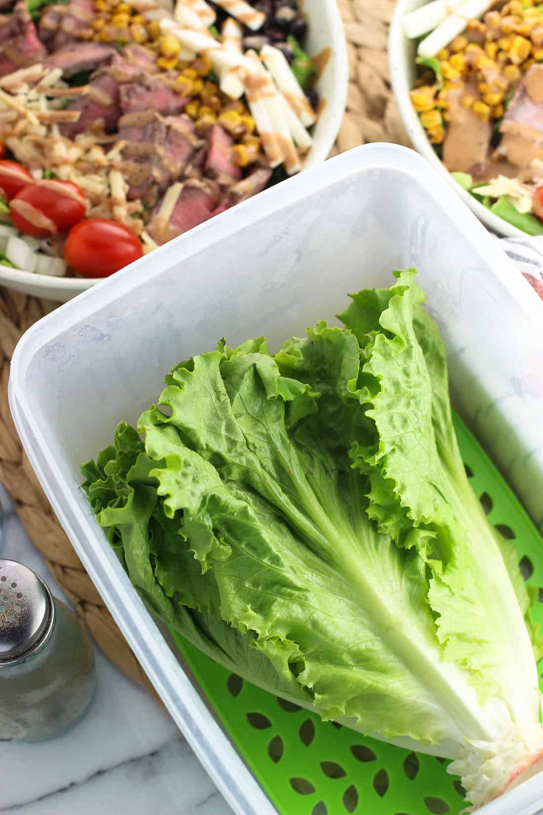 A head of lettuce in a plastic produce saver container in front of assembled salads.