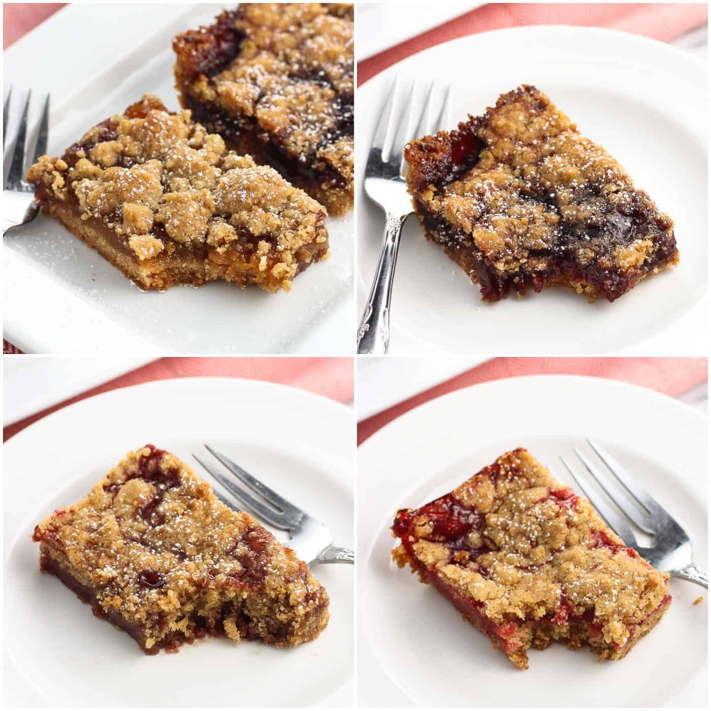 A four-image collage of four bars, each with a different filling, with a bite taken out of them next to a dessert fork