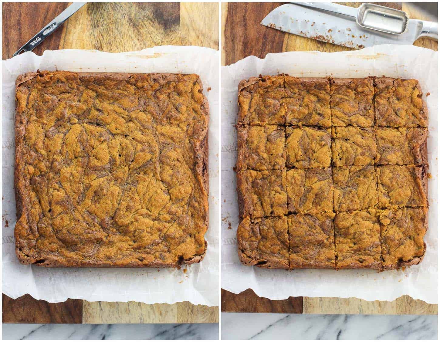 A slab of baked pumpkin swirl brownies on parchment (left) and after being sliced (right).