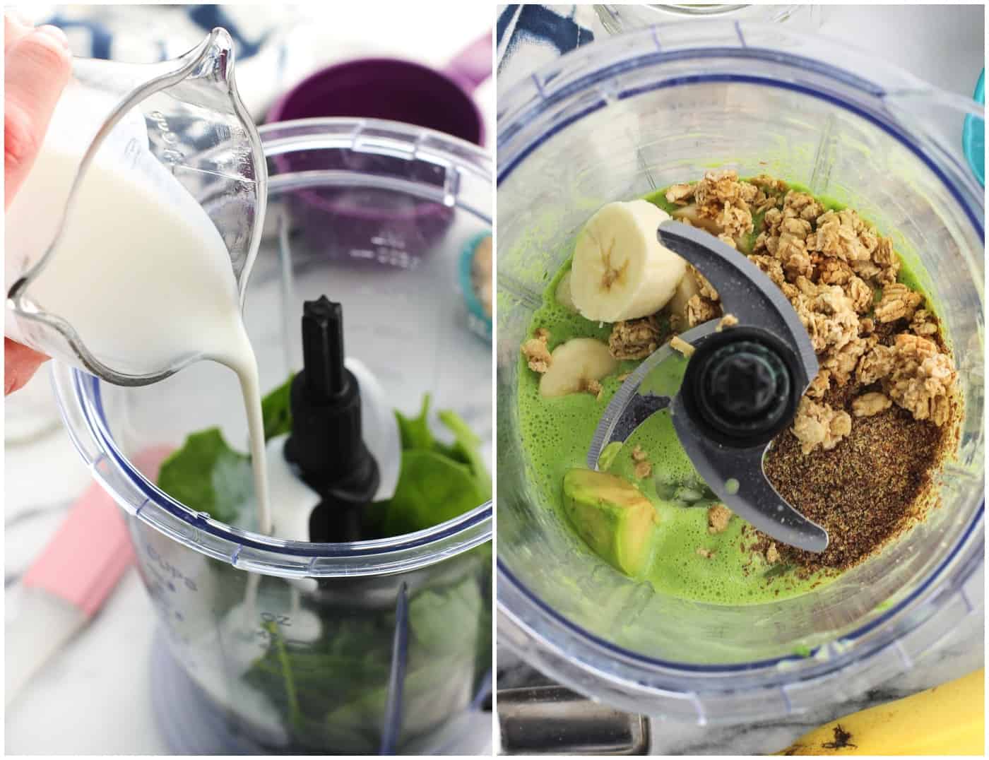 A side-by-side image of kefir being poured into a blender (left) and all of the ingredients in the blender before blending (right)