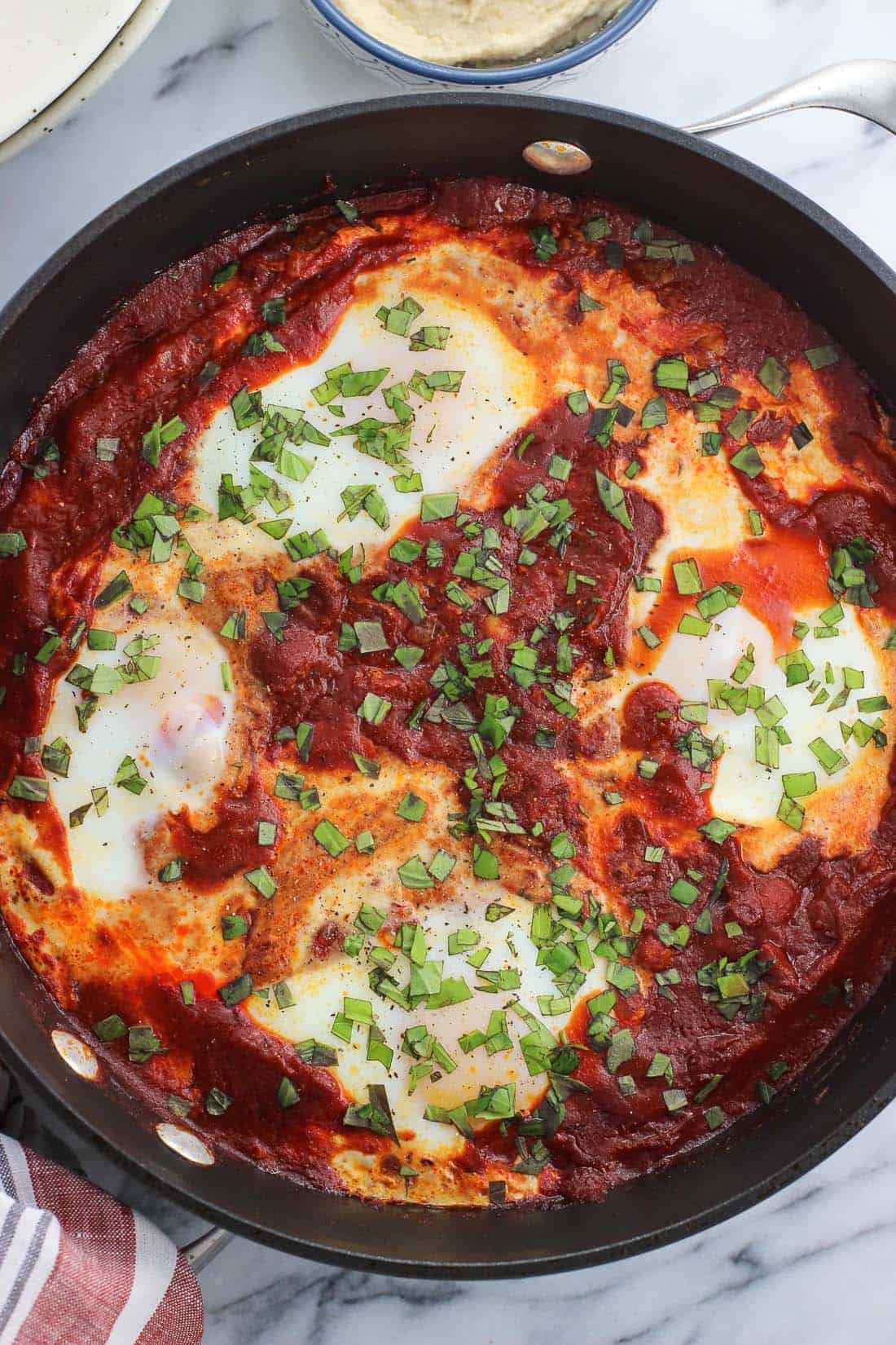 An overhead picture of the shakshuka skillet