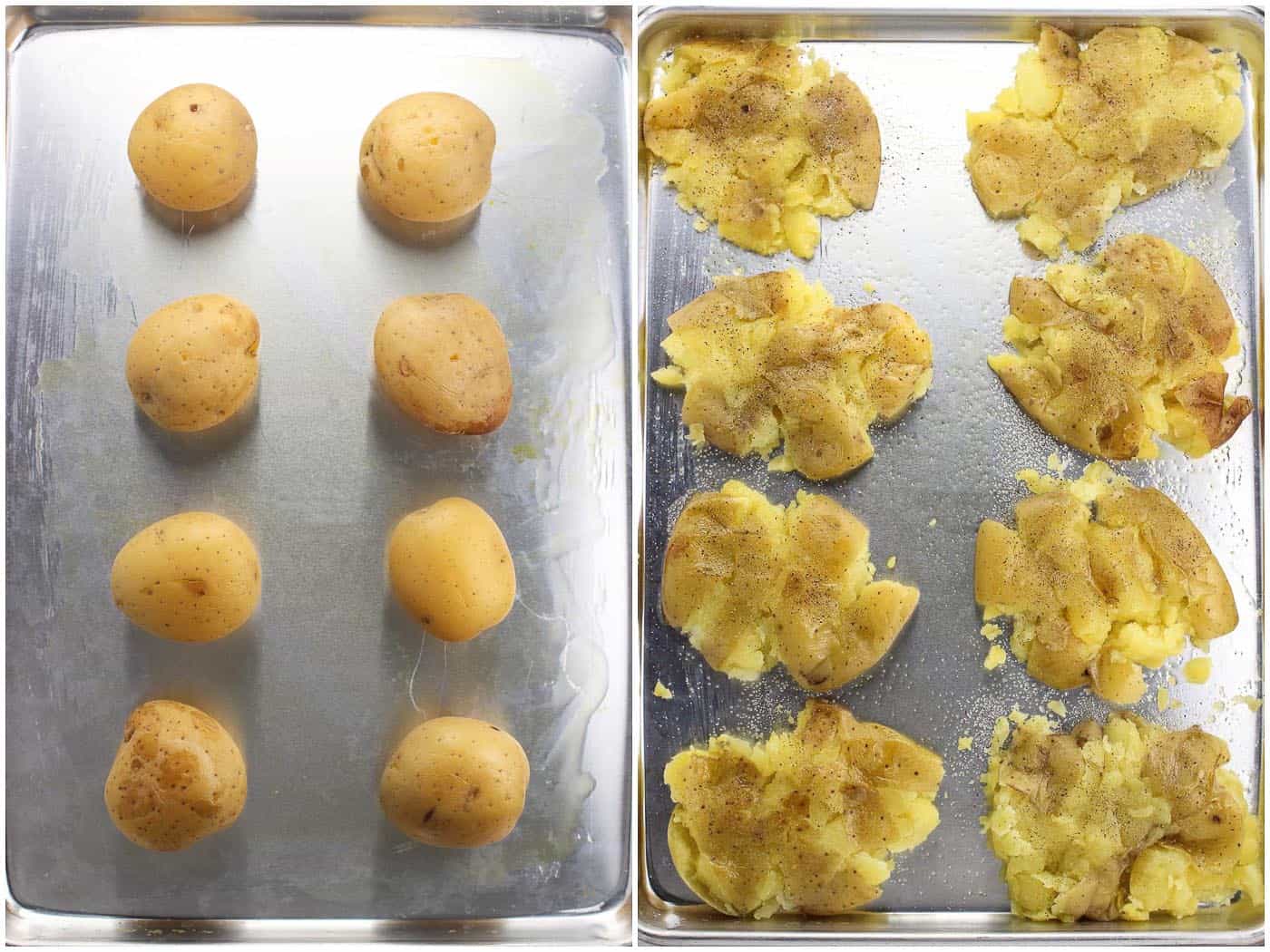 A side-by-side photo of eight boiled whole yellow potatoes on a greased baking sheet (left) and after being smashed (right)