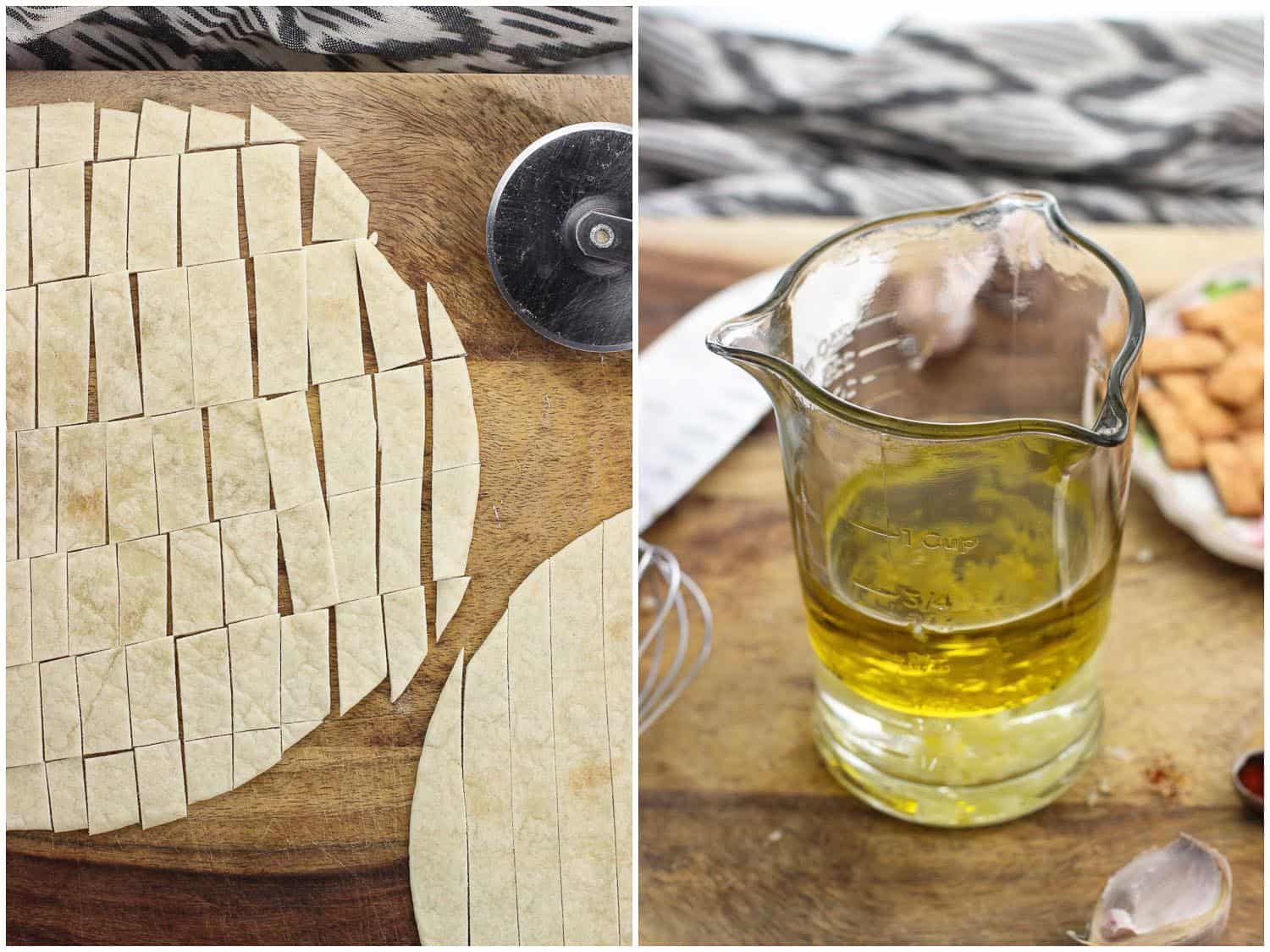 A side-by-side image of a flour tortilla cut into strips on a wooden board (left) and vinaigrette ingredients in a glass measuring cup (right).