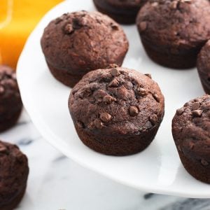 Chocolate muffins on a cake stand