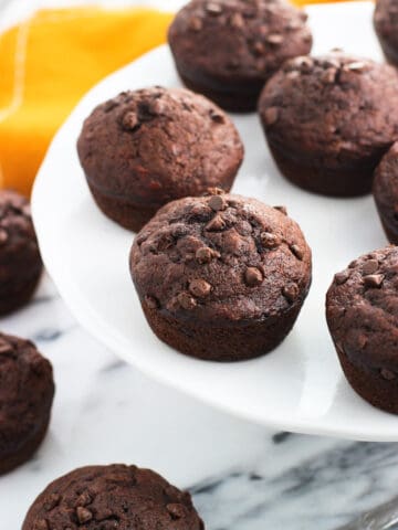 Chocolate muffins on a cake stand