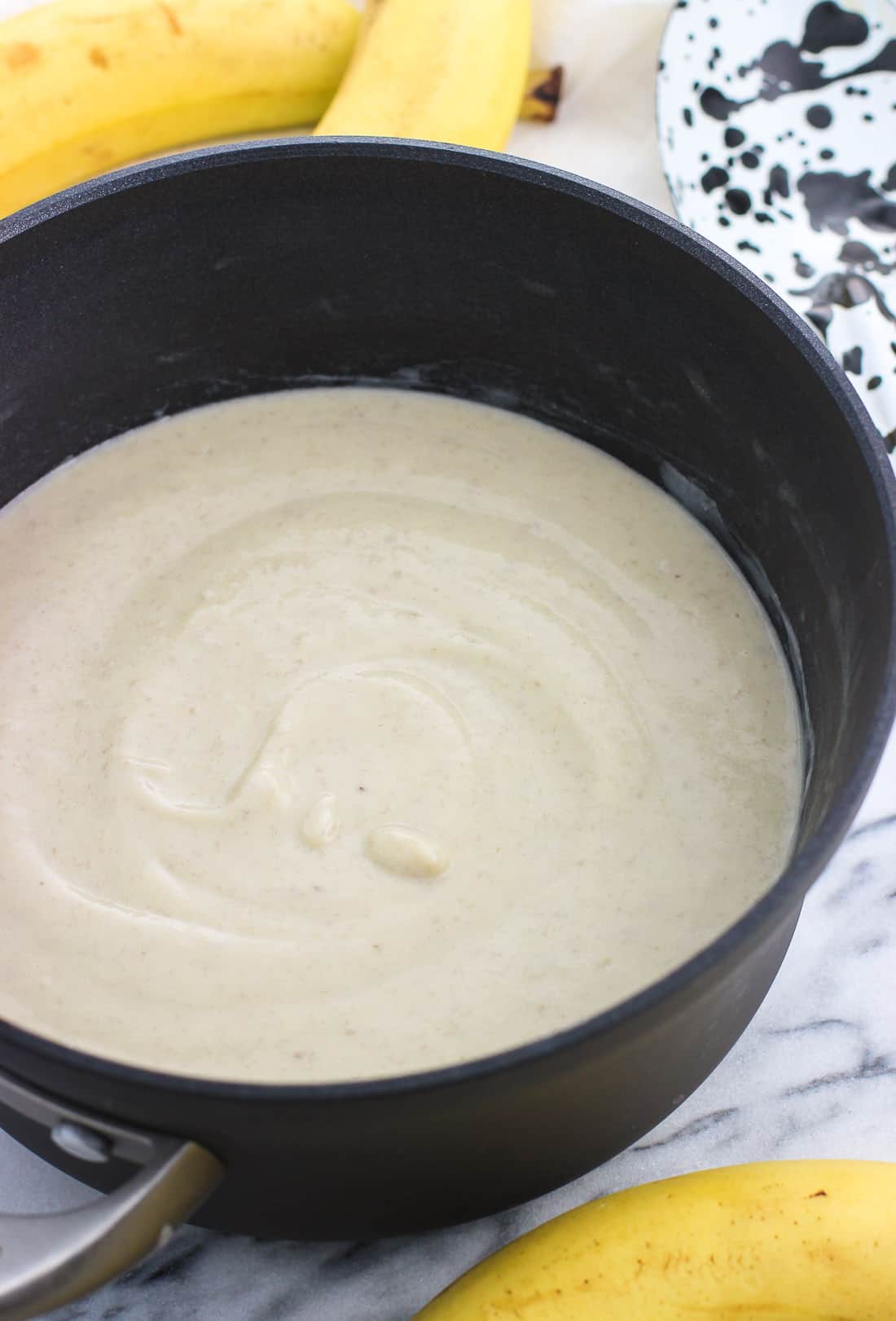 Homemade banana pudding in a sauce pan.