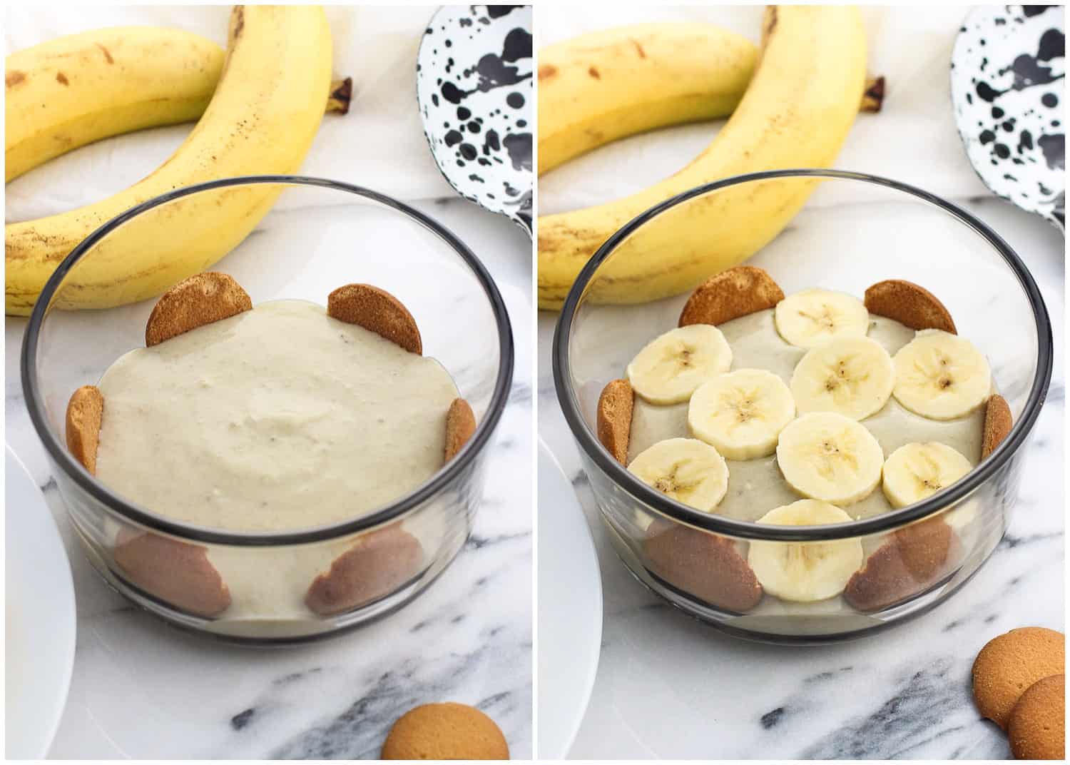 A layer of pudding and wafers in the trifle bowl (left) and after adding banana slices (right).
