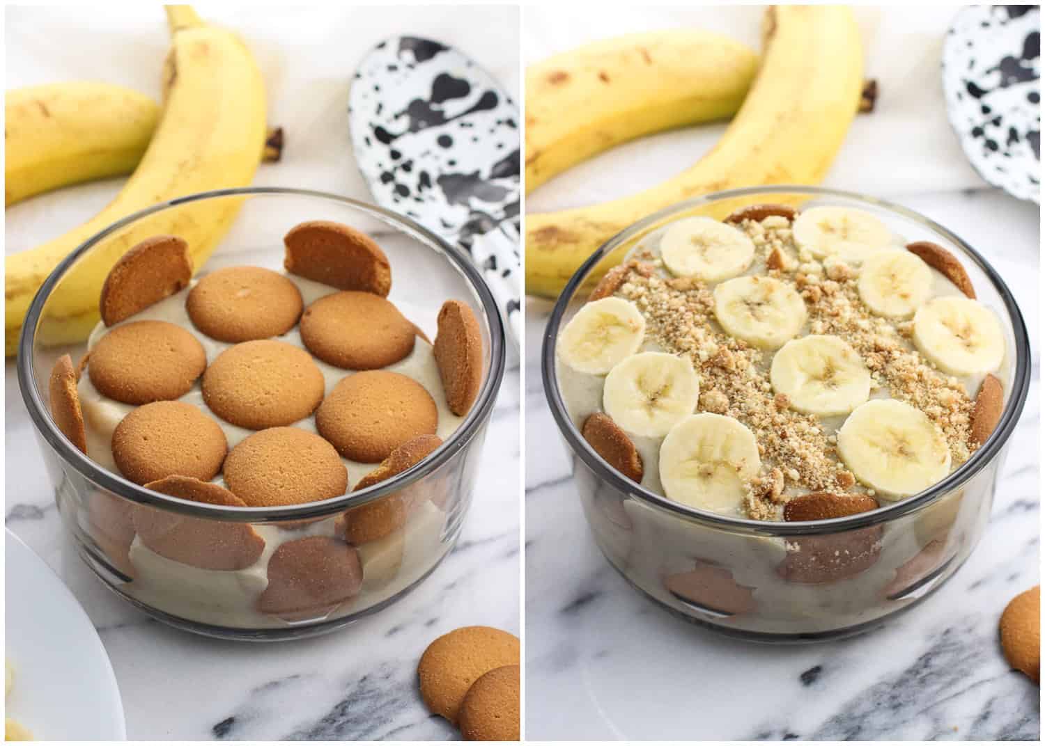 The pudding halfway assembled (left) and fully assembled with banana slices and wafer crumbs on top.