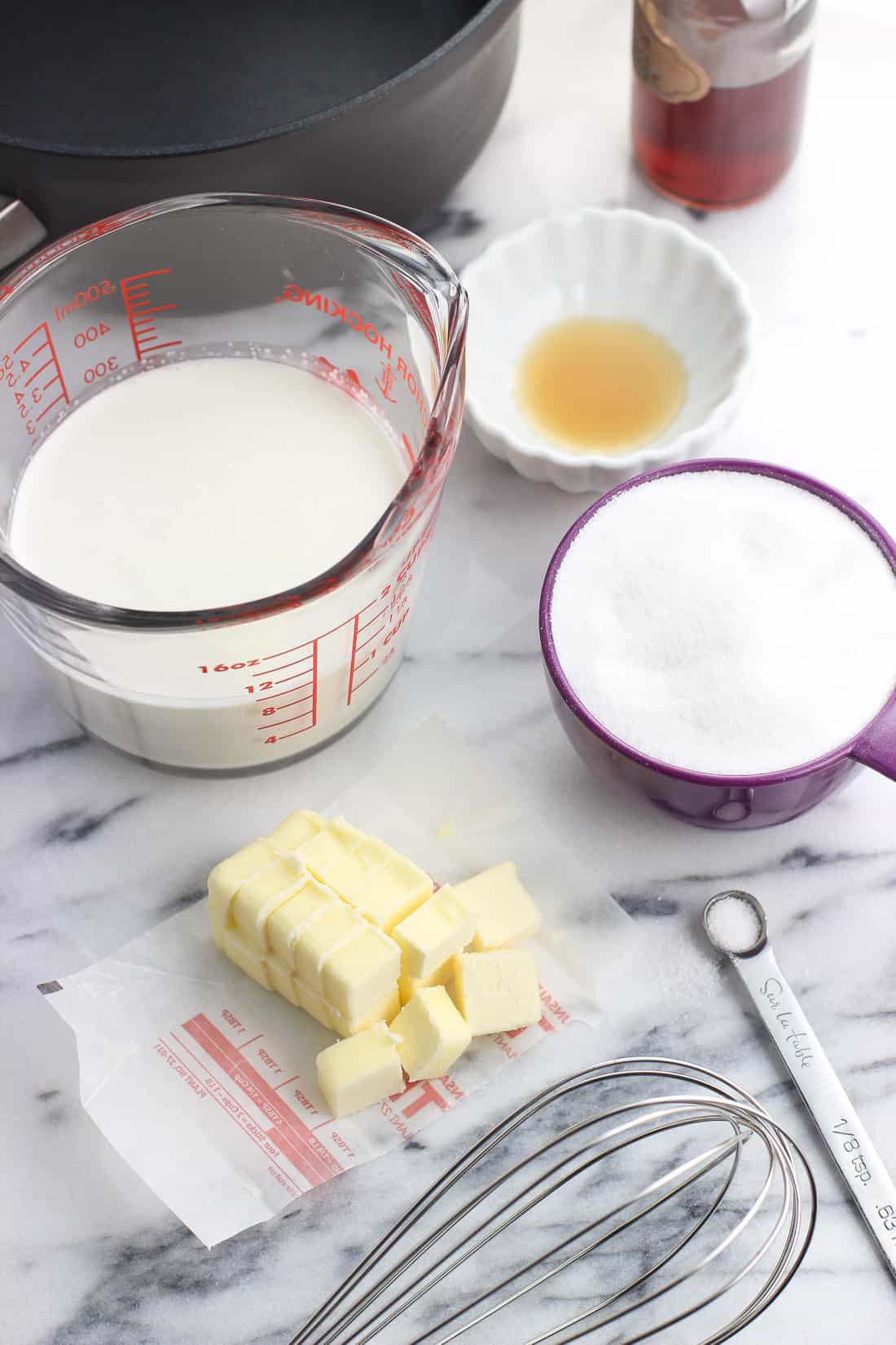The recipe ingredients on a marble board in separate bowls and containers