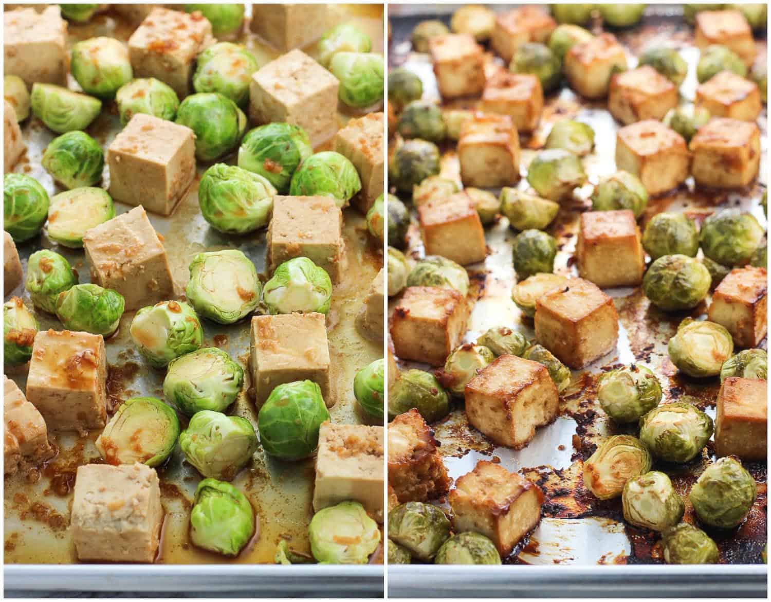 A side-by-side image of tofu and brussels sprouts on a large metal sheet pan before baking (left) and after (right)