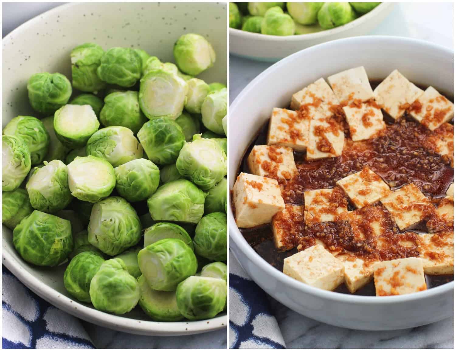 A side-by-side imagine of raw brussels sprout halves (left) and marinating cubes of tofu (right).