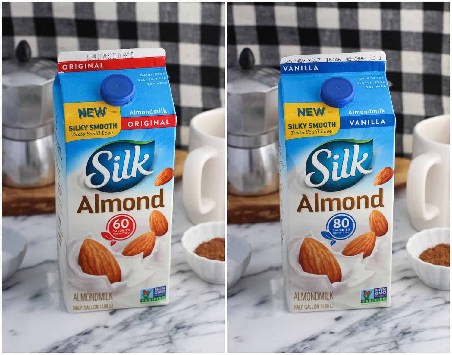 A carton of original Silk almond milk on a marble board (left) and of vanilla (right).