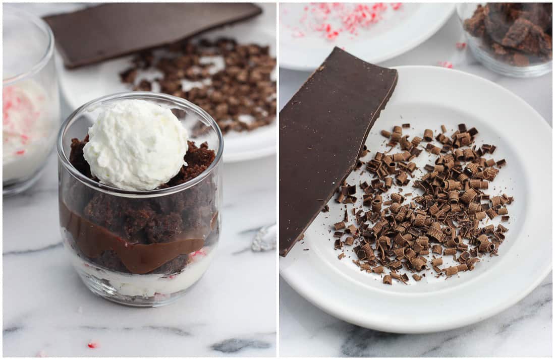 A small glass filled with in-process trifle (left) and a chocolate bar and curls on a small plate (right).