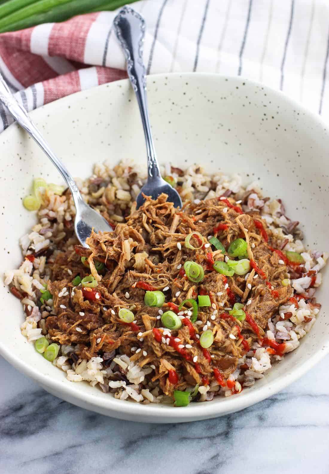 A serving of shredded chicken in a bowl served over rice.