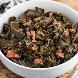 A serving bowl of collard greens.