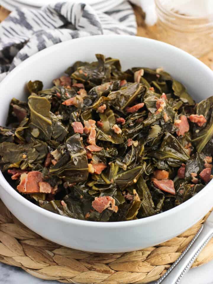 A serving bowl of collard greens.