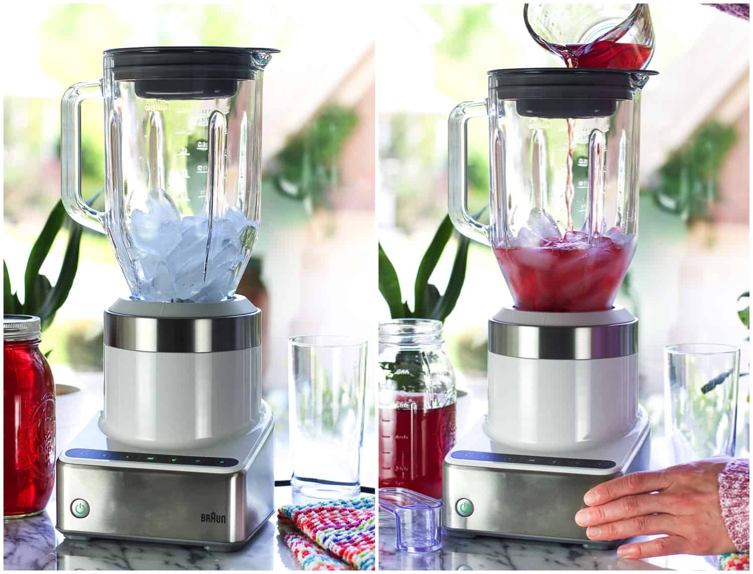 A side-by-side picture of ice in the blender and a woman pouring iced tea into the blender