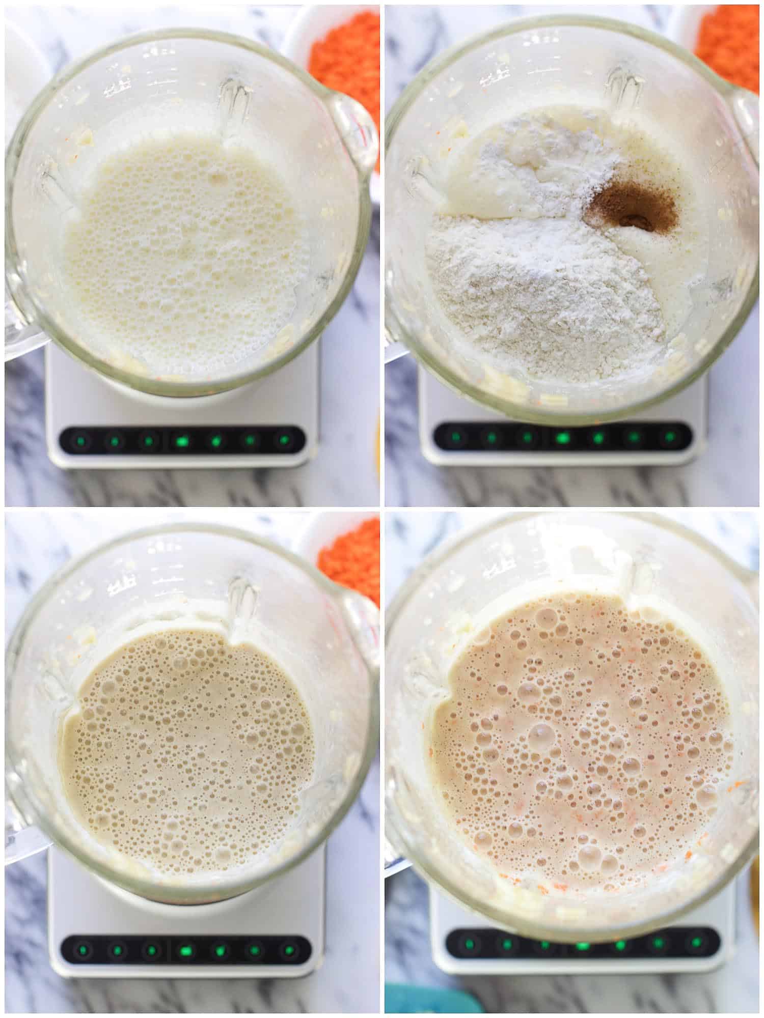 A four-image collage of the pancake batter ingredients being added and mixed into the blender