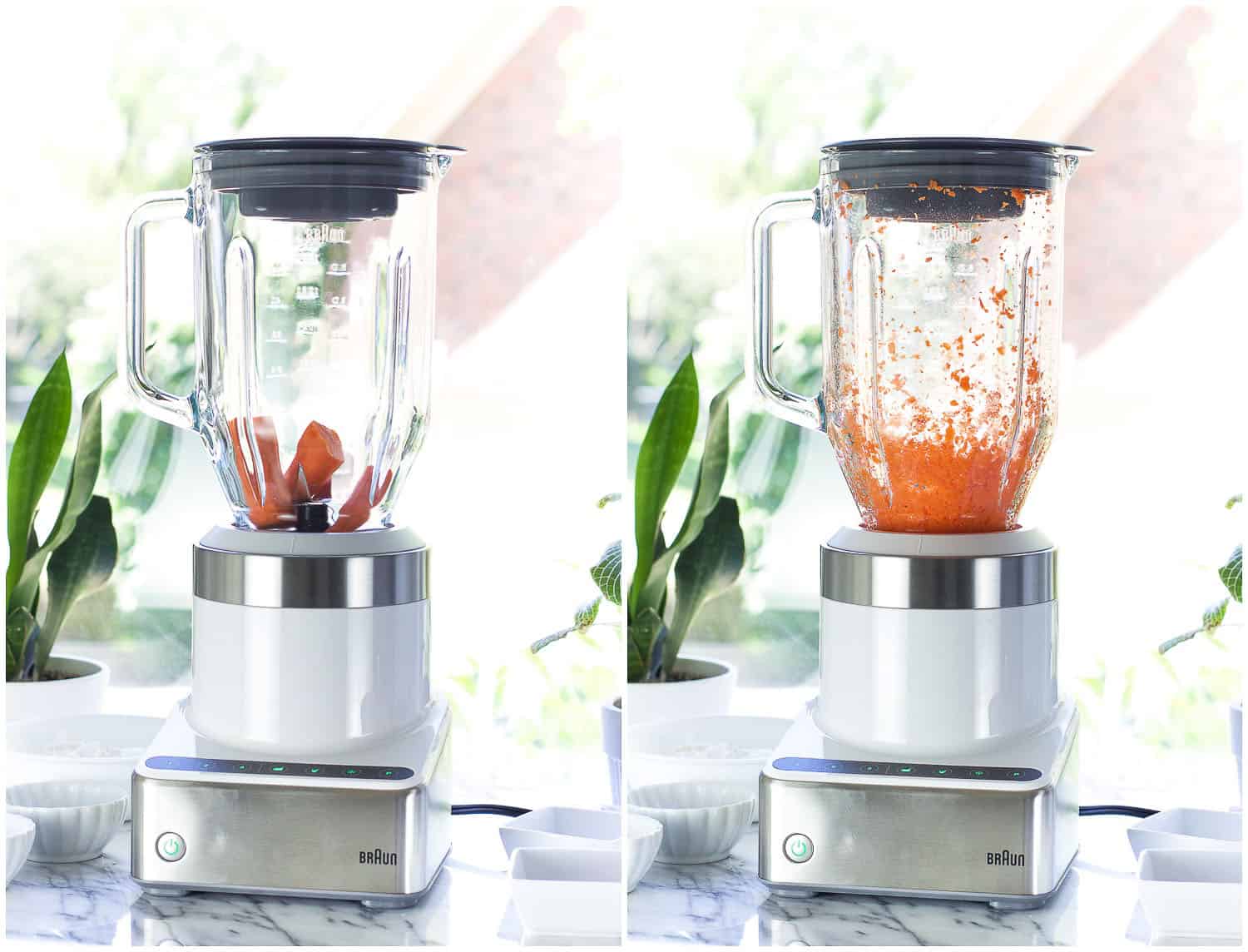 A side-by-side picture of whole carrots being finely chopped in the blender