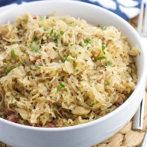 A serving bowl of sauerkraut.