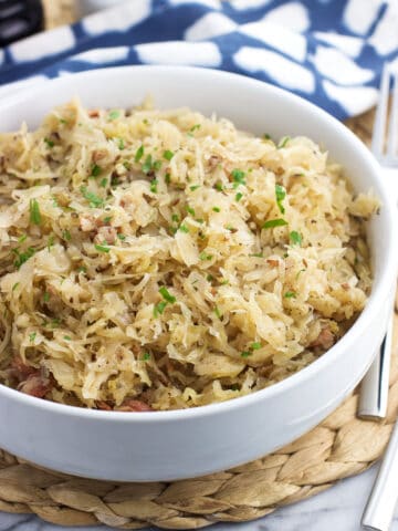 A serving bowl of sauerkraut.