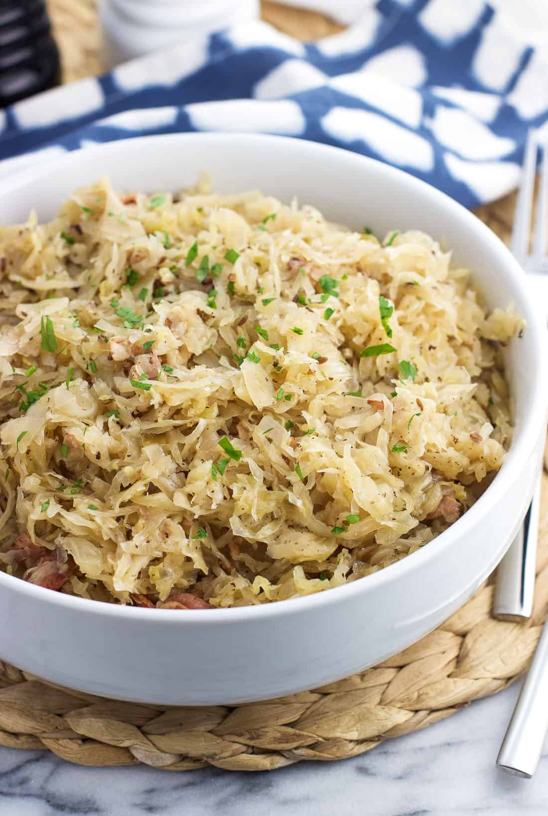 A serving bowl of sauerkraut.