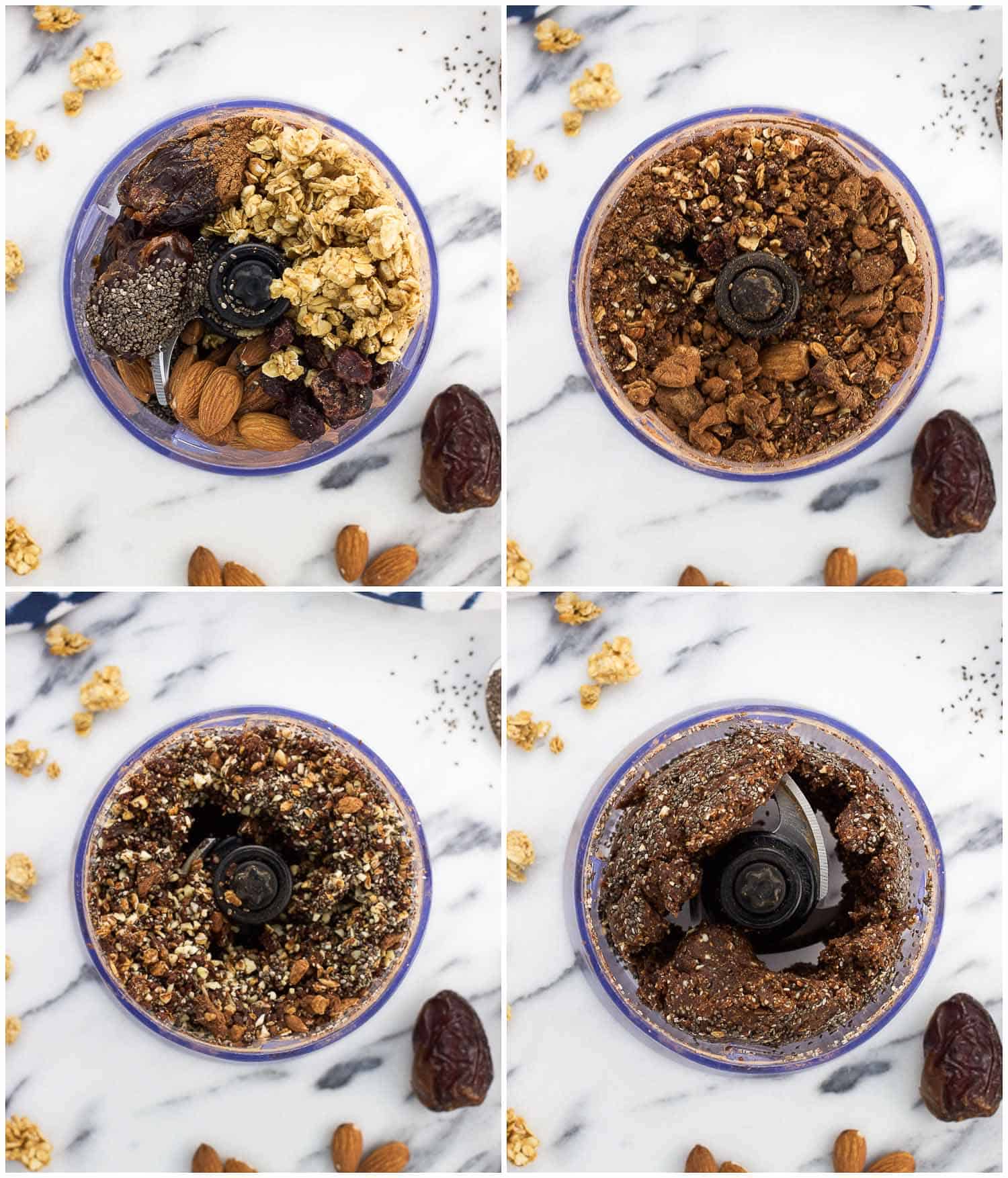 A four-image collage of the ingredients in a food processor in varying stages of being blended together