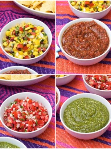A four-image collage of four different types of salsas on an outdoor table next to a big bowl of tortilla chips