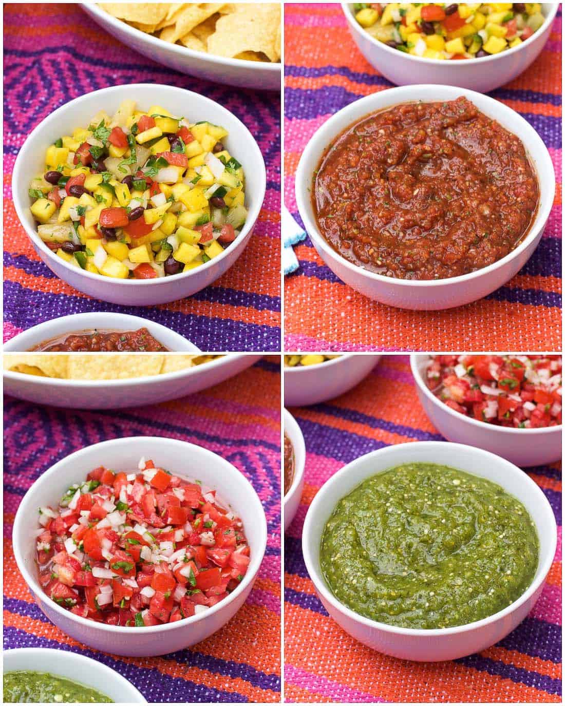 A four-image collage of the different types of salsas in white bowls