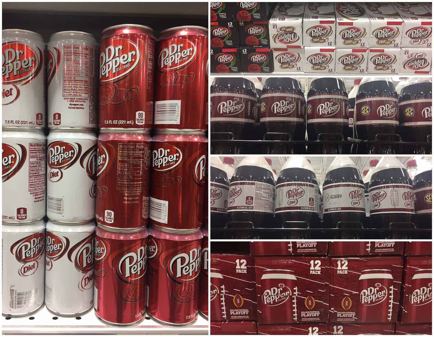 A variety of Dr Pepper products on supermarket shelves.