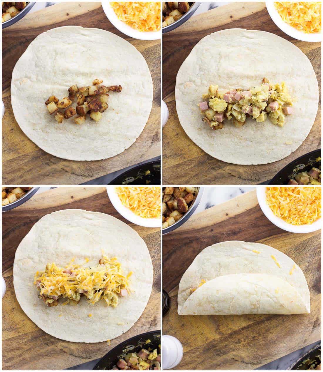 A four-image collage of the stages of folding and wrapping a tortilla into a burrito.