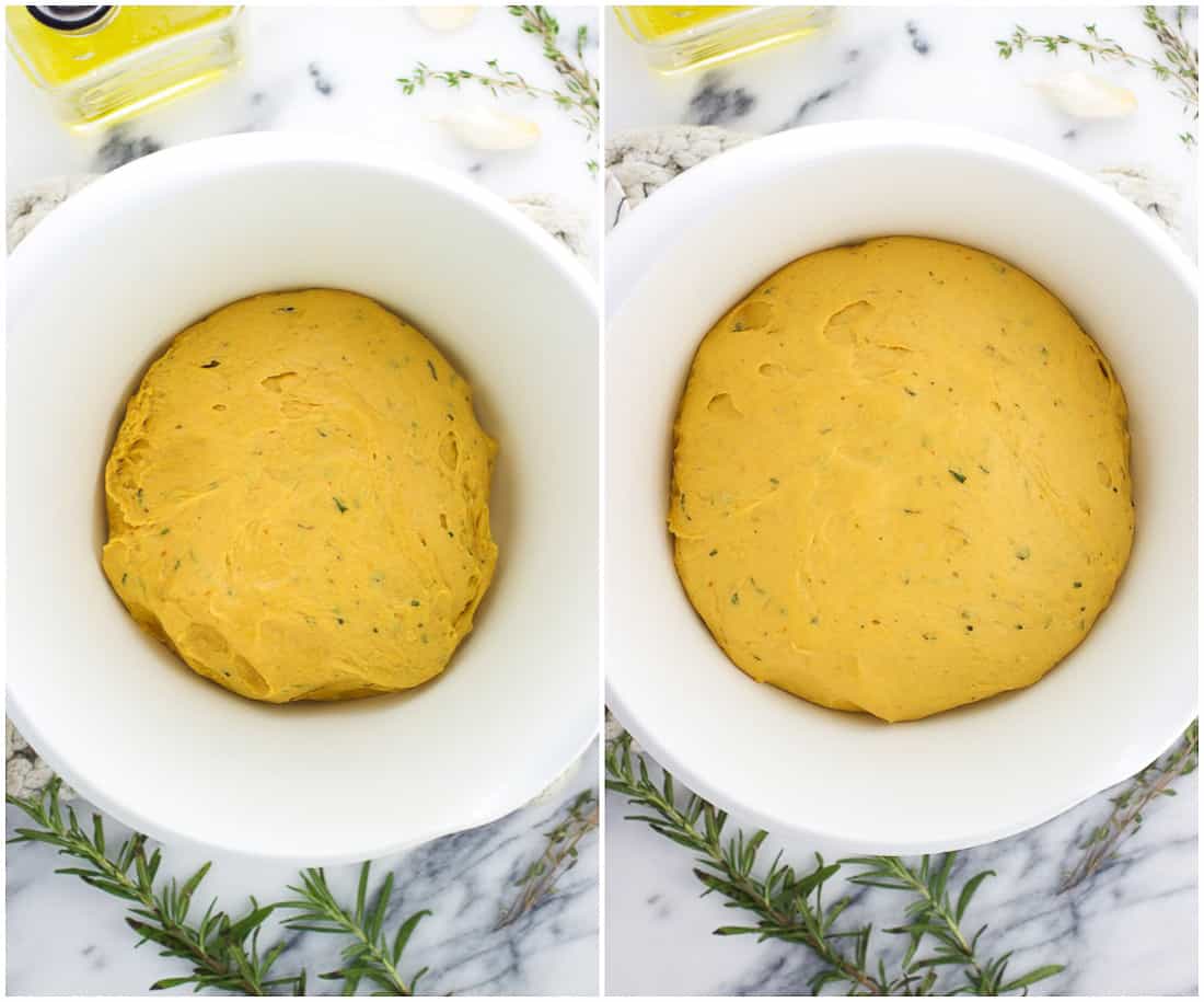 A side-by-side of the dough in a mixing bowl before rising (left) and after (right) as it doubled in size