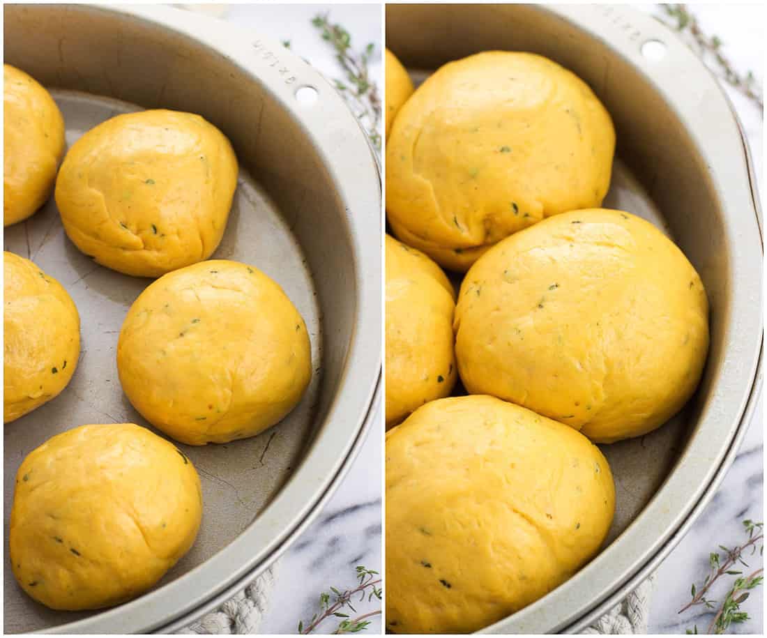 Rolls in the round cake pan before the second rise where they're not touching (left) and after when they have expanded to touch (right)