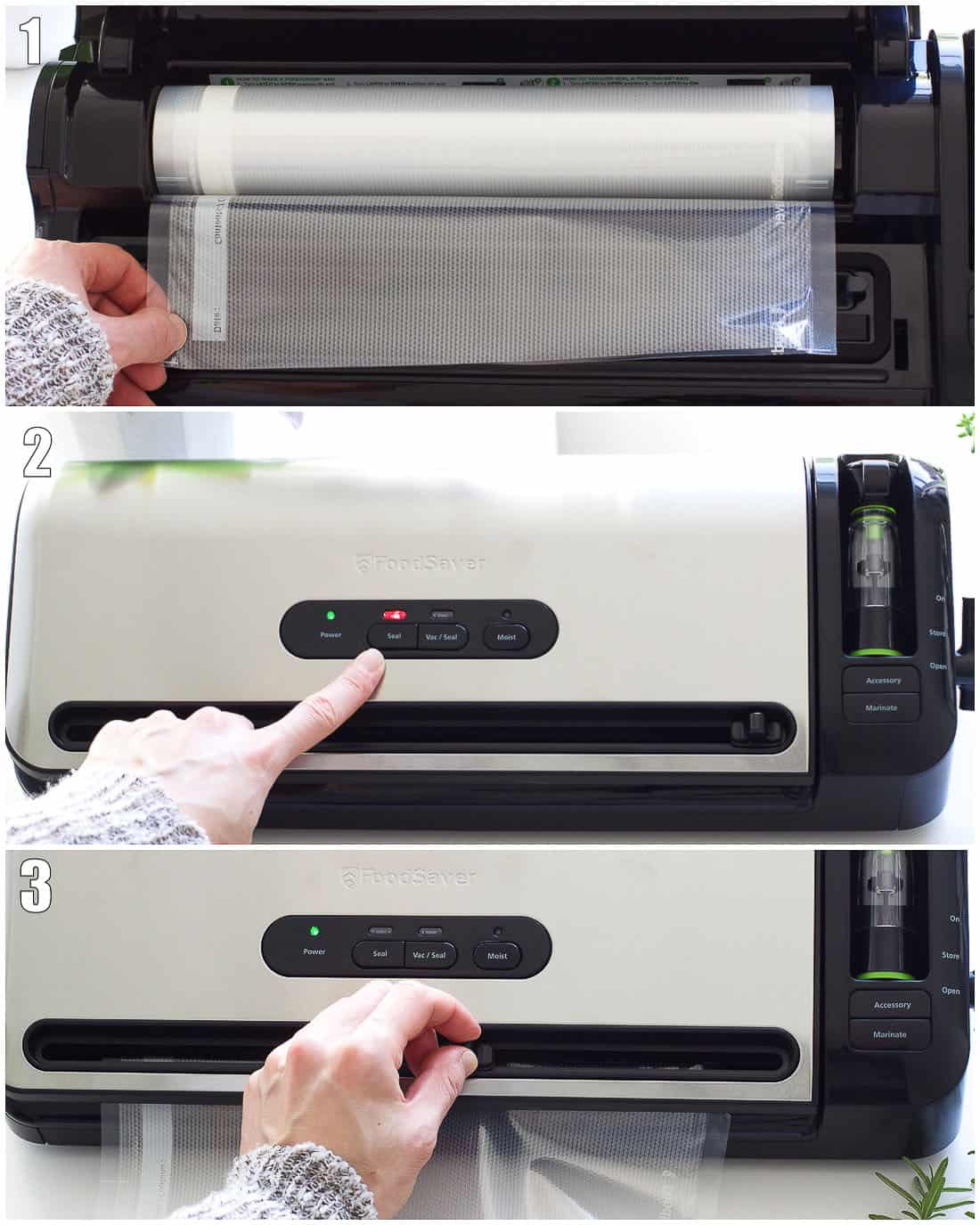 An arm showing the steps to creating a vacuum bag in the FoodSaver.