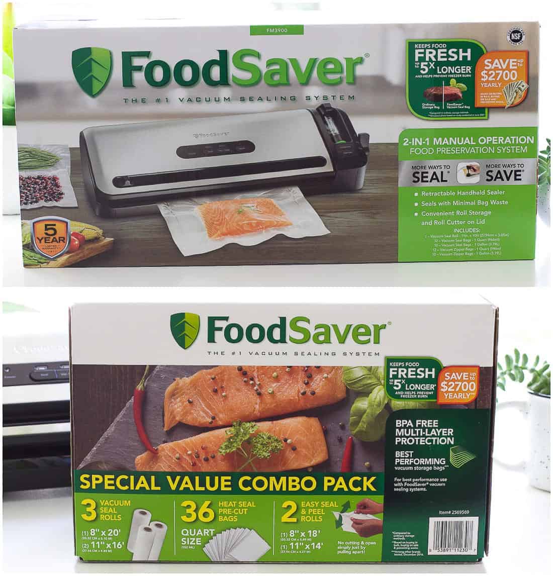 A picture of the boxes of the FoodSaver and the Combo Pack of rolls and bags 
