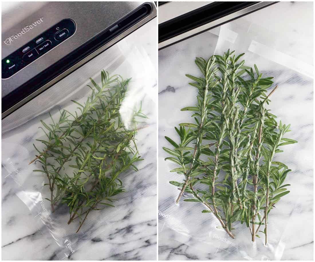A side-by-side image of fresh rosemary sprigs in a sealing bag before being vacuum sealed and after