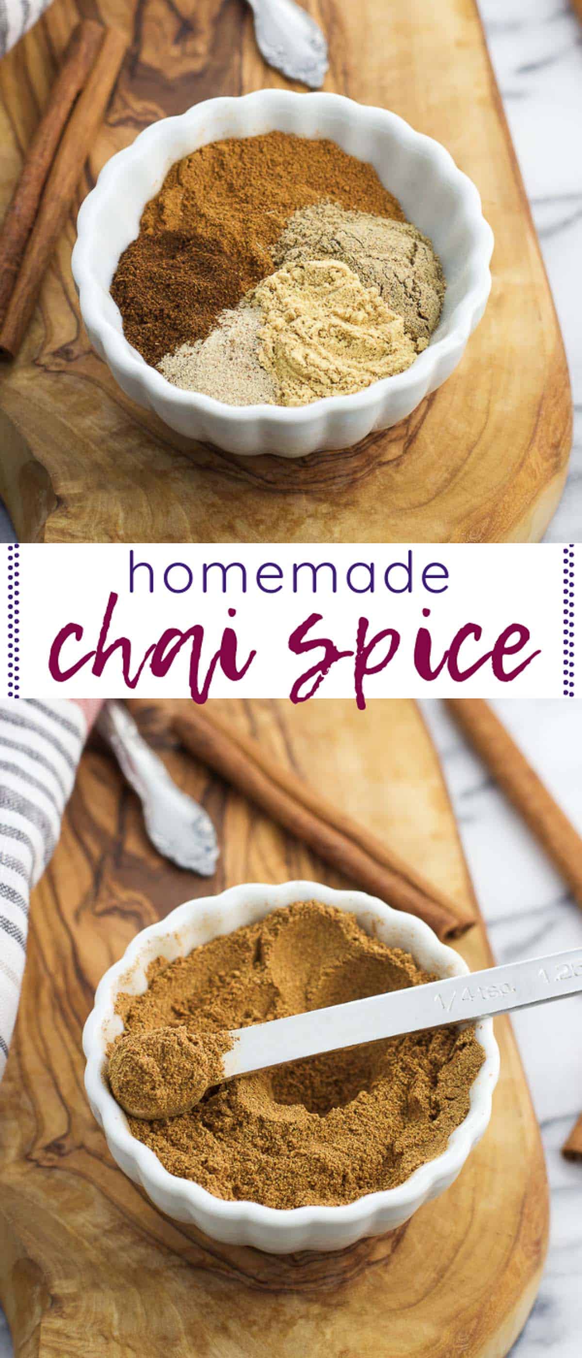 A tall image collage featuring both chai spice pictures with text stating the recipe name between them