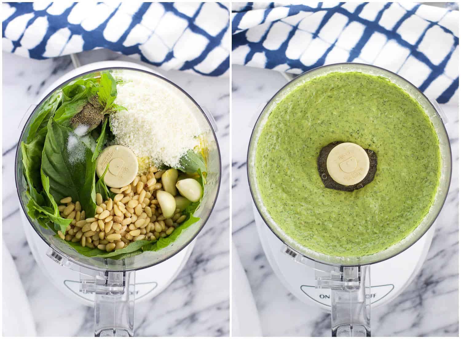 A side-by-side image of the pesto sauce ingredients in the bowl of a food processor before whizzing (left) and after (right)