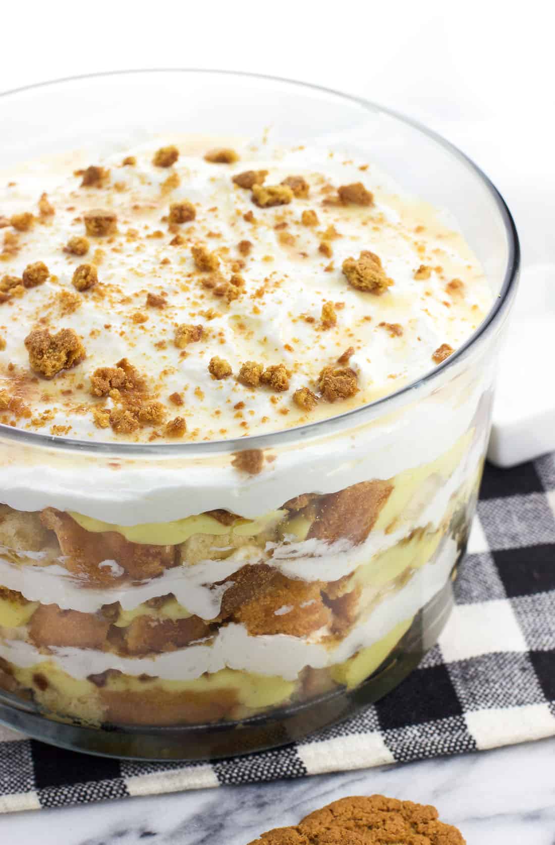 Pound cake trifle in a large glass bowl.