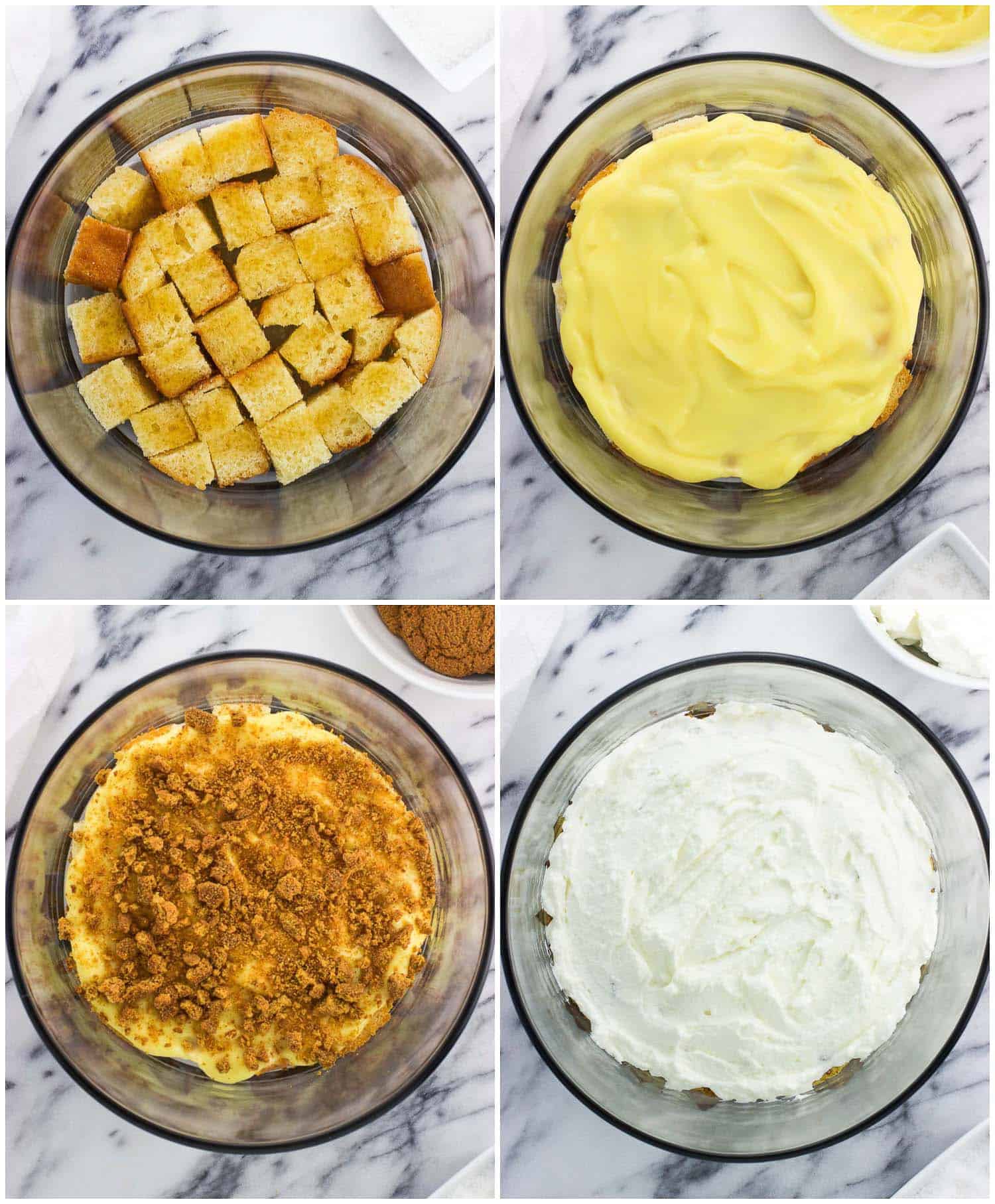 The stages of layering the trifle ingredients in the big glass bowl.