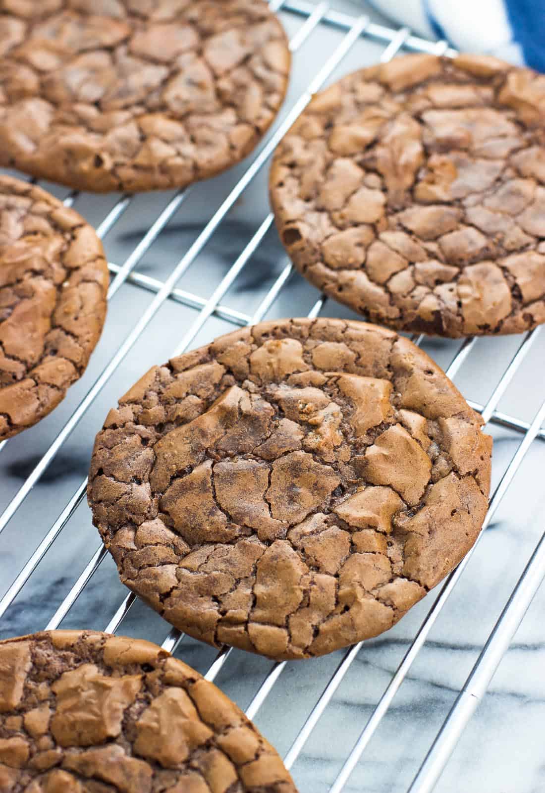 Brownie cookies cooling on a wire rack