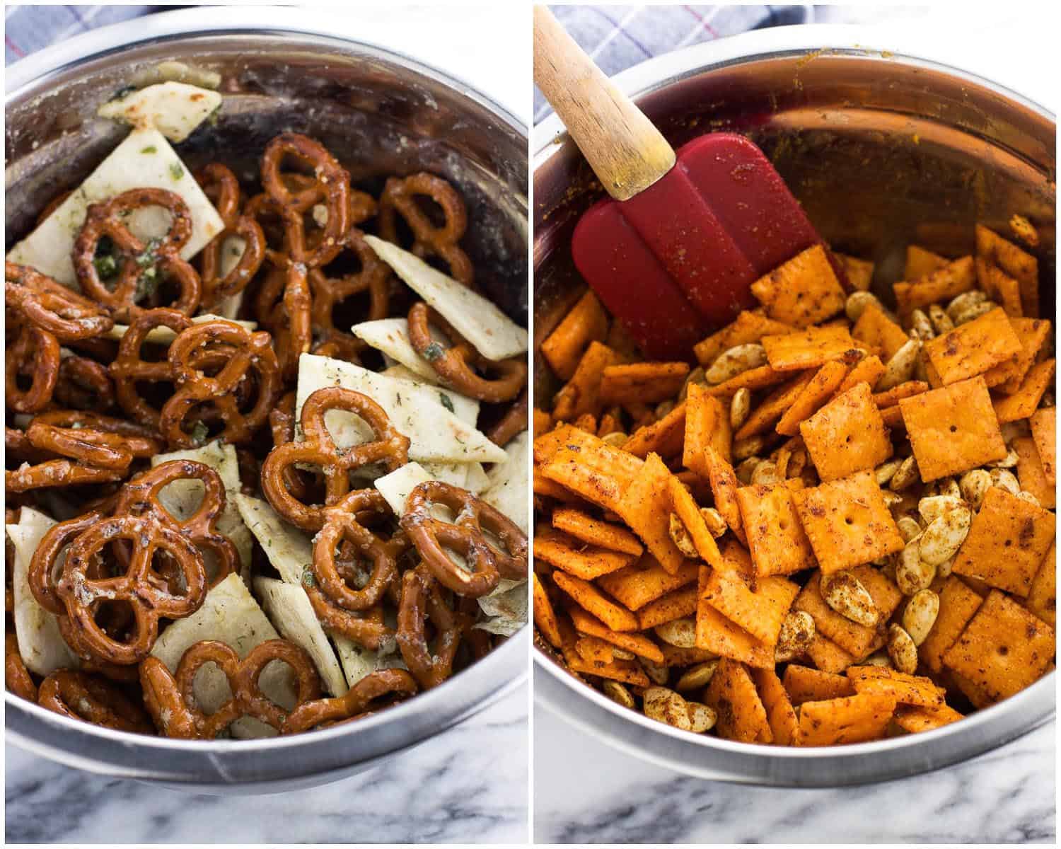 A side-by-side image collage of two bowls, one filled with tortilla strips and pretzels and the other with cheese crackers and pumpkin seeds