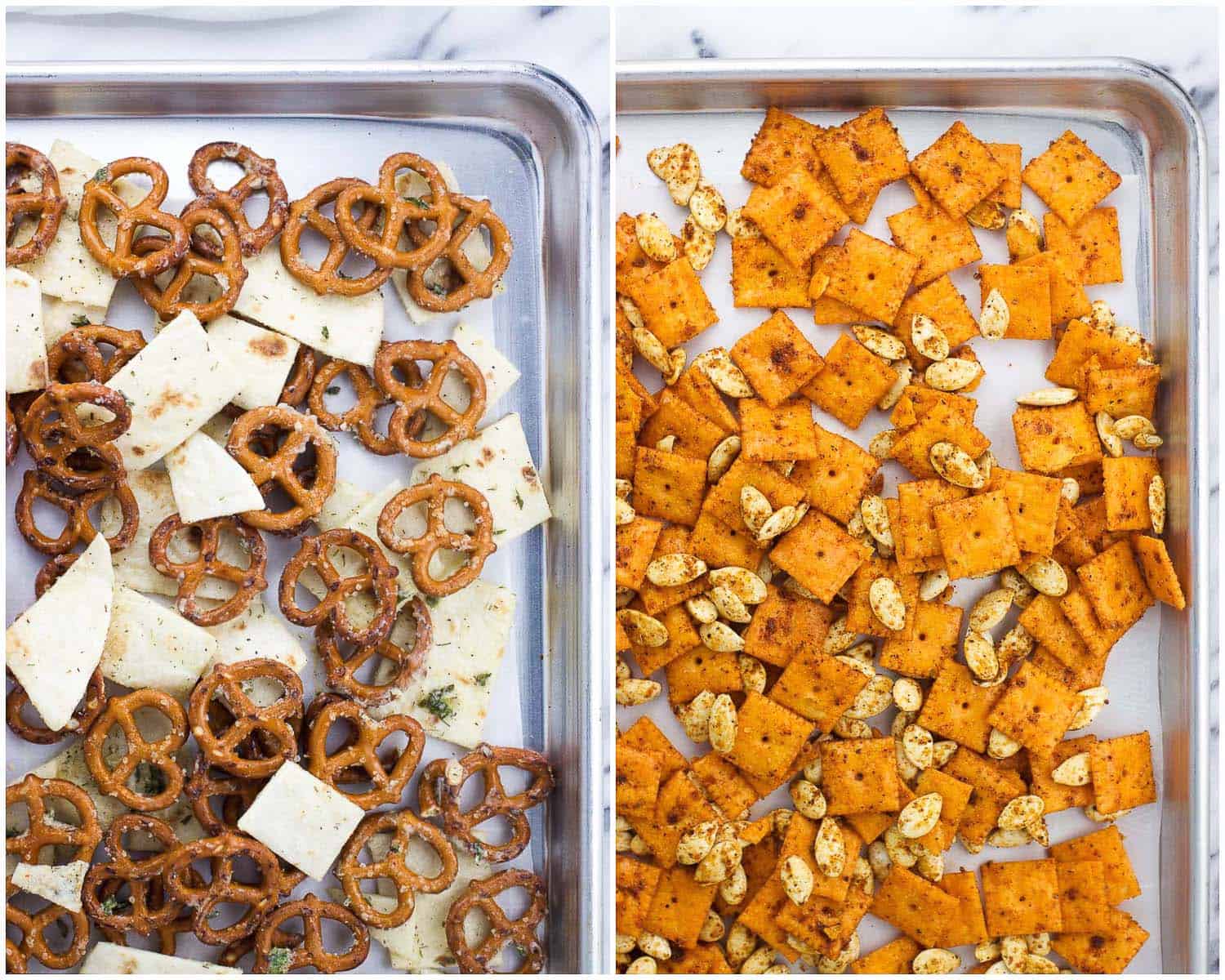 A side-by-side image collage of the pretzels and tortilla strips and cheese crackers and pumpkin seeds laid out onto rimmed baking sheets