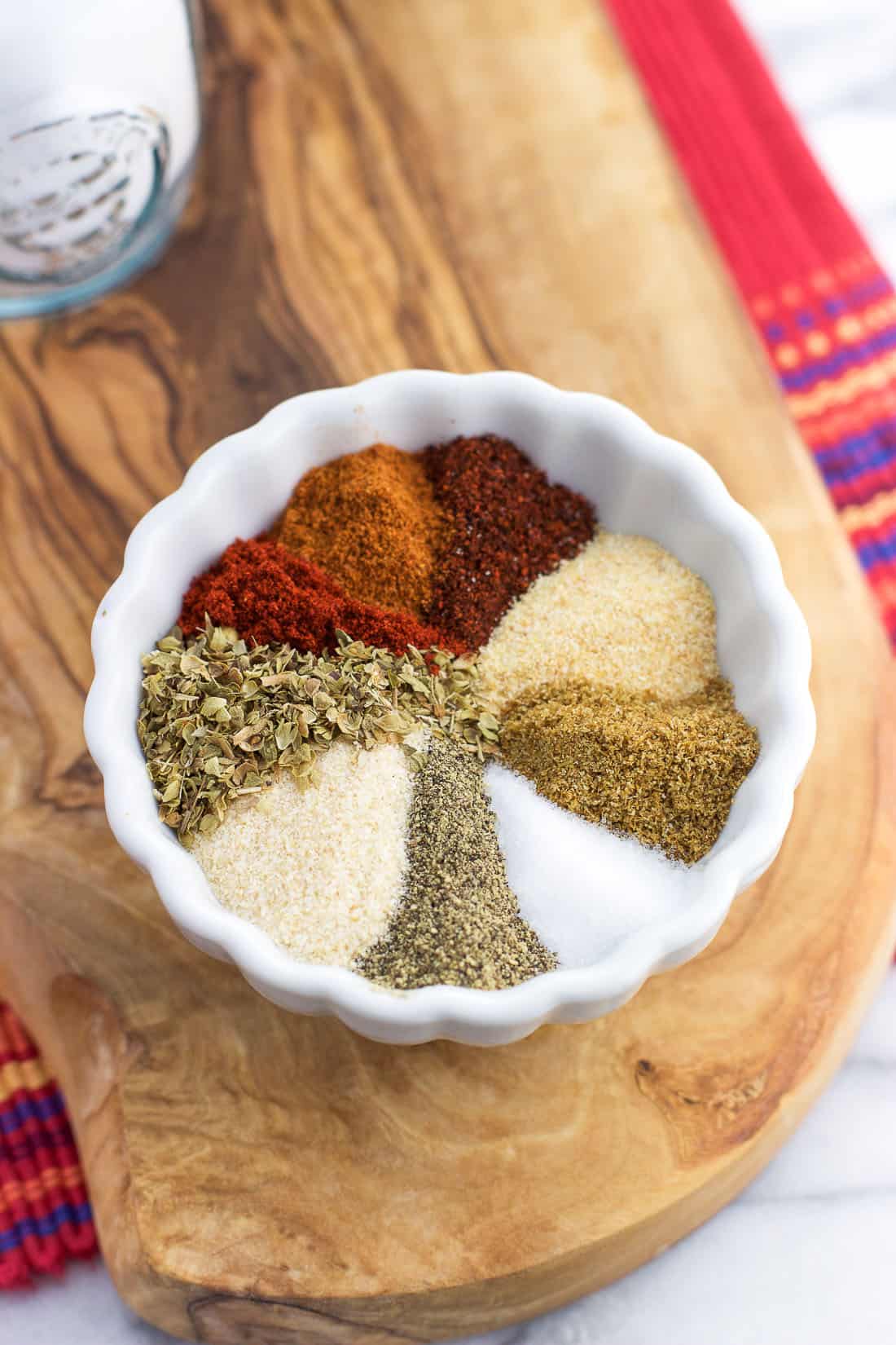 Taco seasoning ingredients in a small bowl before being stirred together. 