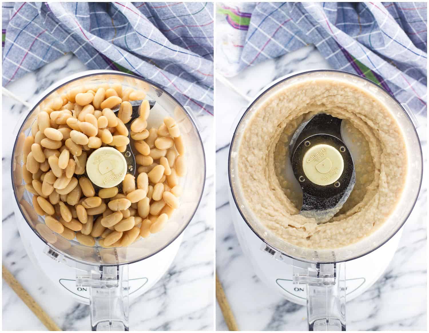 Cannellini beans in the food processor before being processed (left) and after (right).