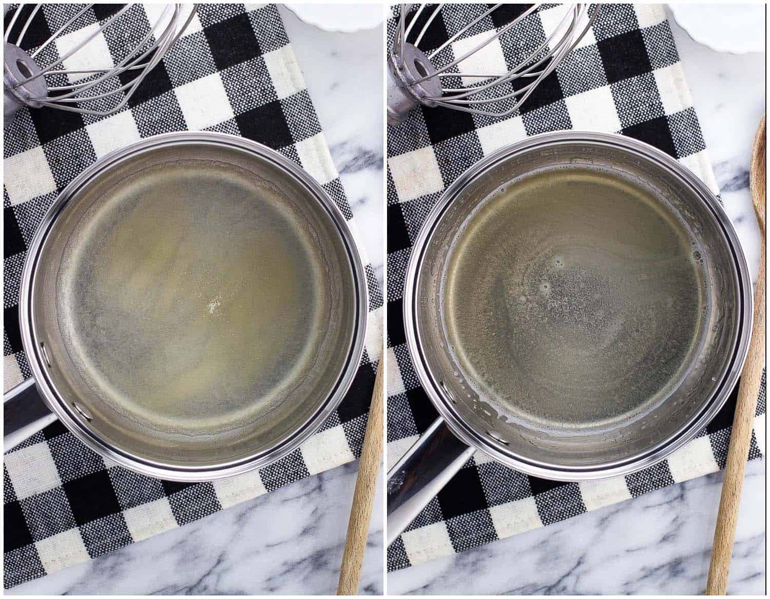 Gelatin sprinkled in hot water in a saucepan (left) and after being dissolved (right).