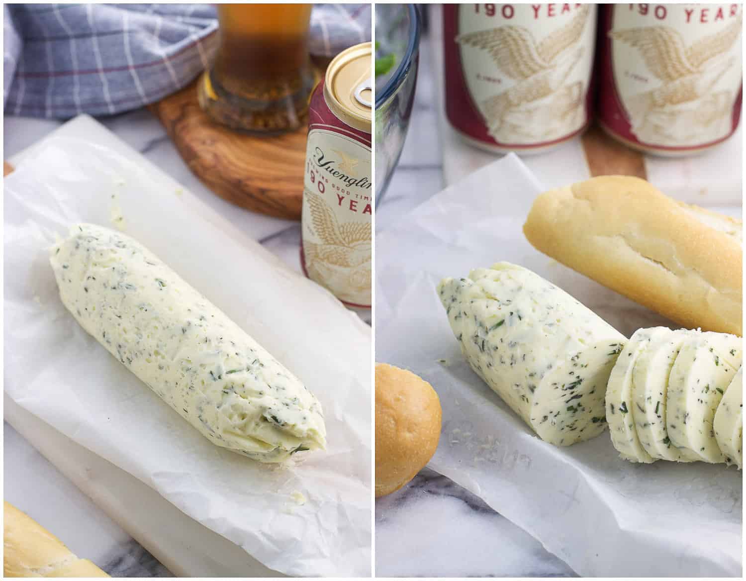 A side-by-side picture of rolled compound butter (left) and sliced compound butter (right).