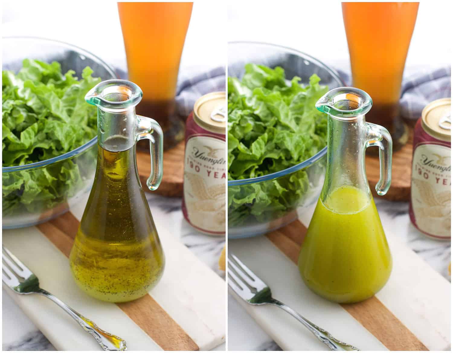 A side-by-side picture of vinaigrette ingredients in a clear dispenser before being shaken (left) and after being shaken (right).