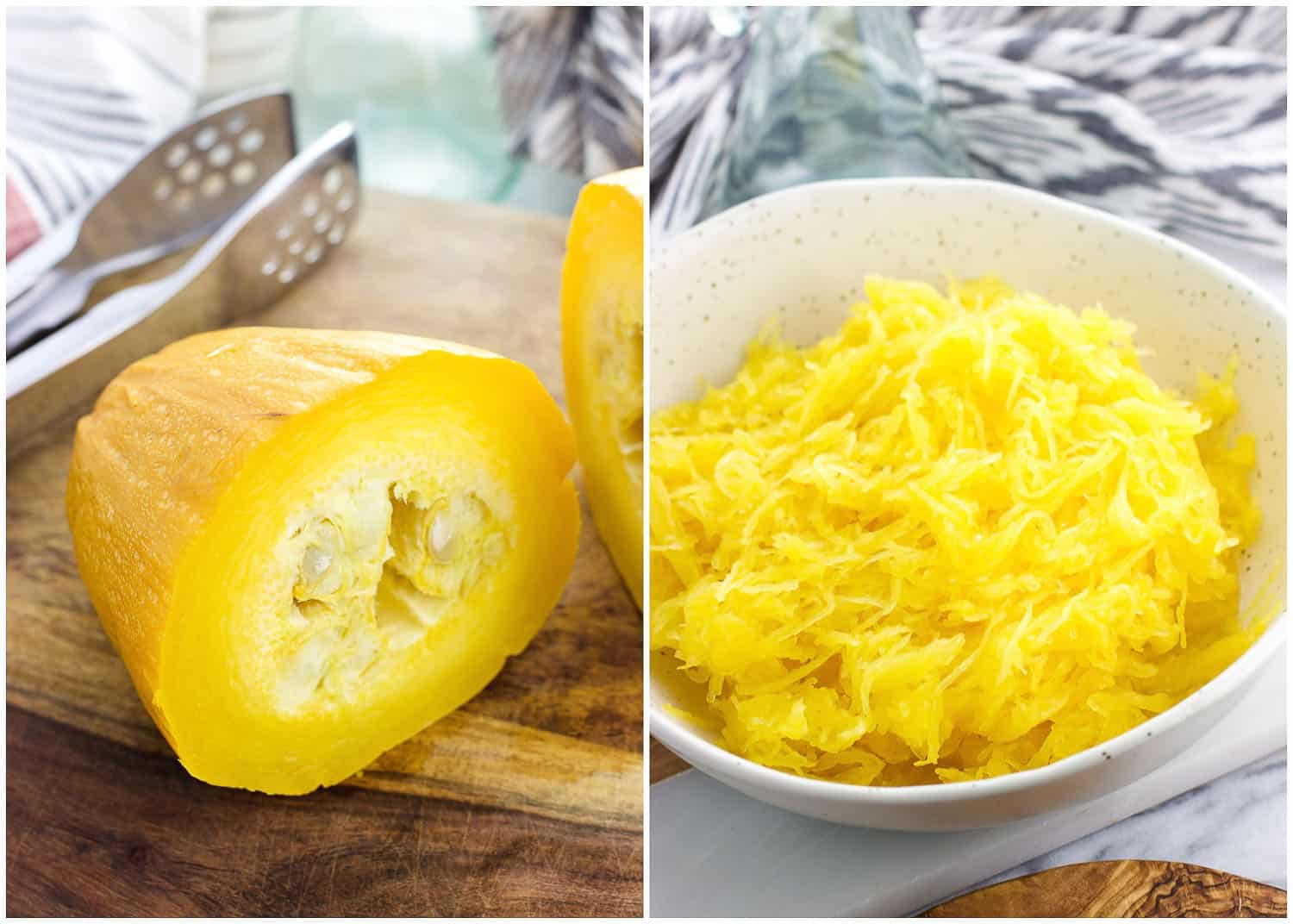 A side-by-side photo of half of a spaghetti squash cooked, then a bowl of the spaghetti squash strands in a bowl.