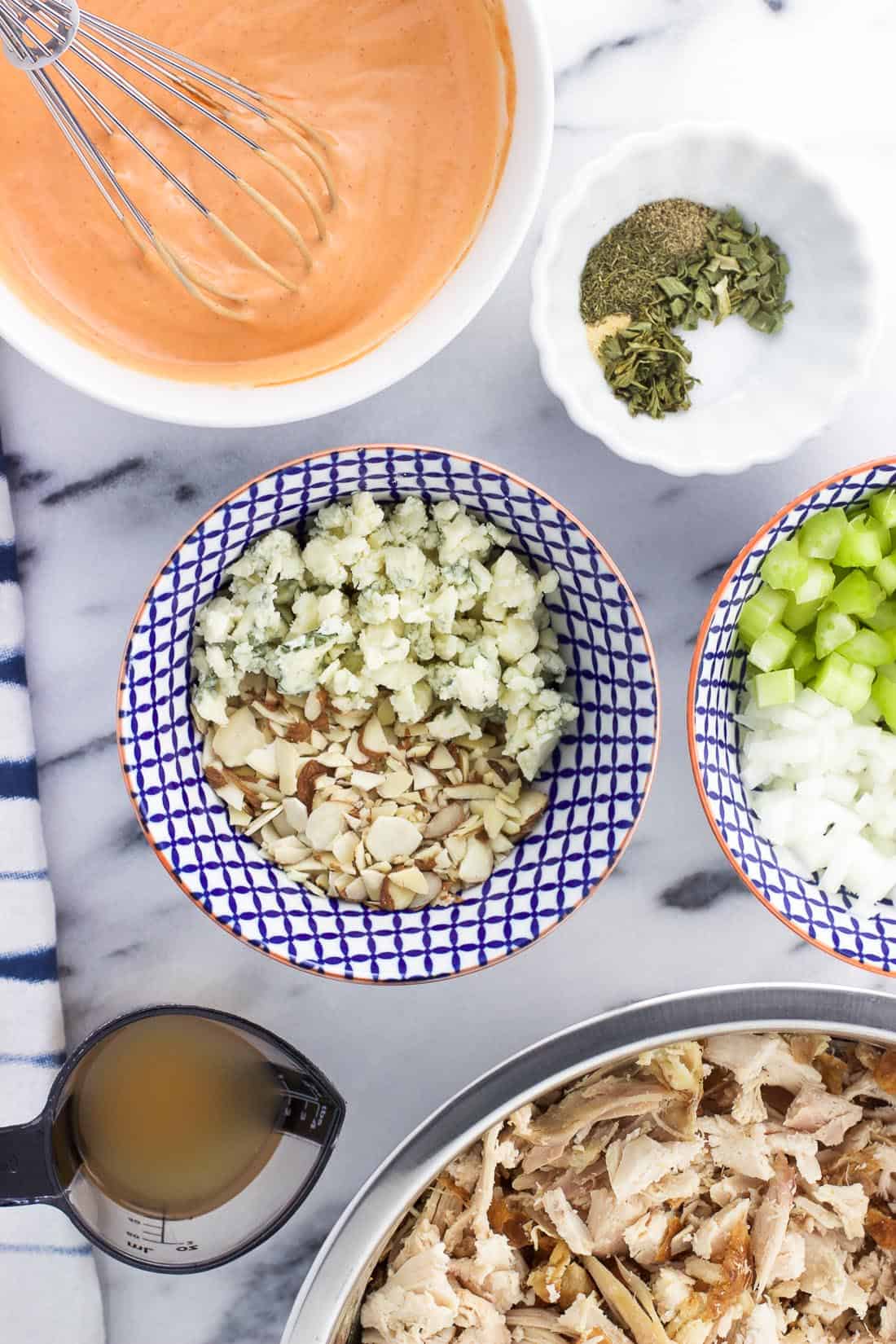 Recipe ingredients in separate bowls.